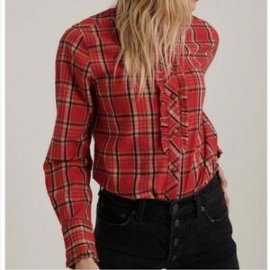 Lucky Brand Red Plaid Ruffle Cuffed Crew Neck Button Up Linen Blend​​​​